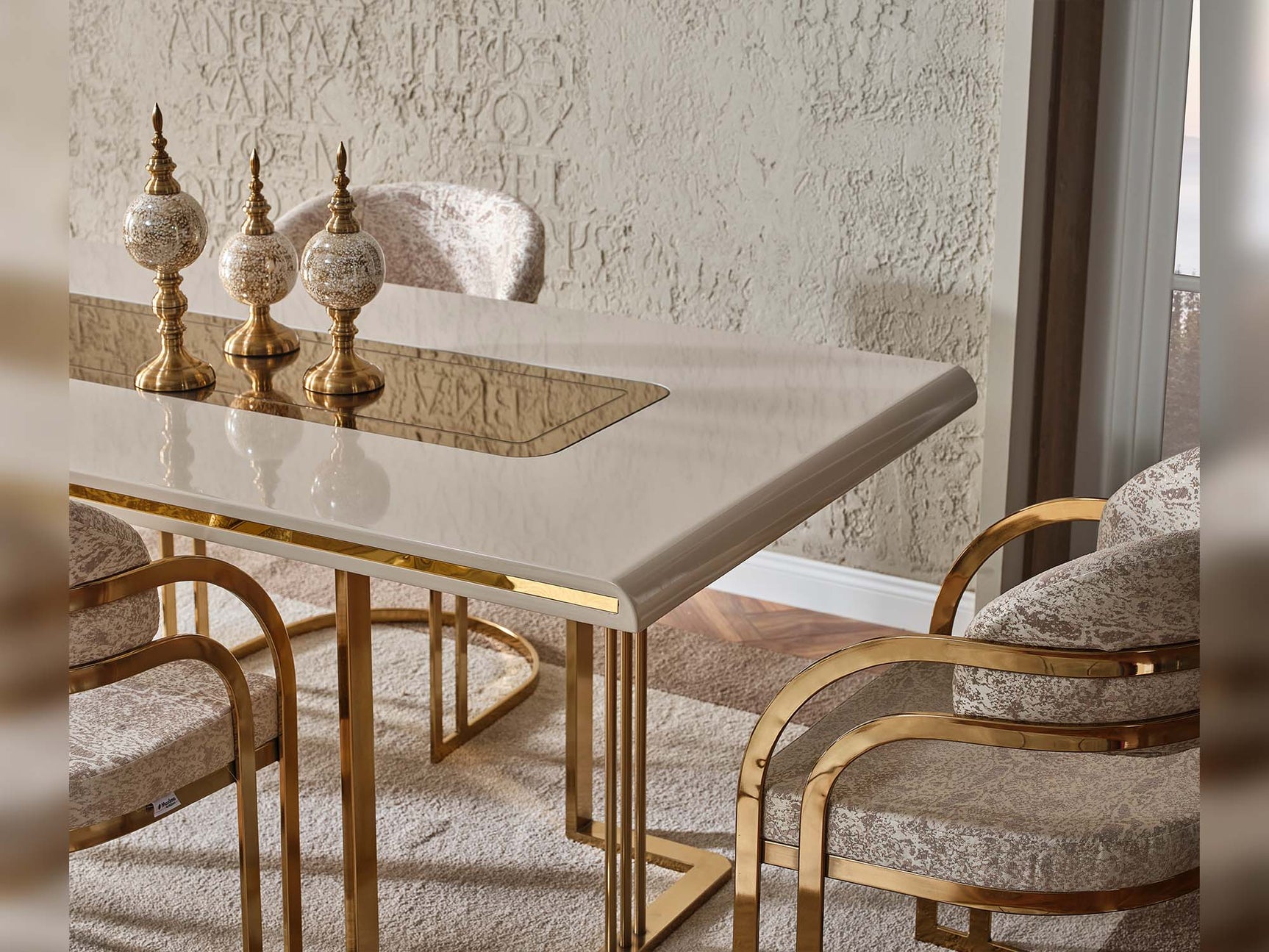 Monza Cream Dining Room Set (Consol With Mirror & Dining Table & 6 Dining Chair)