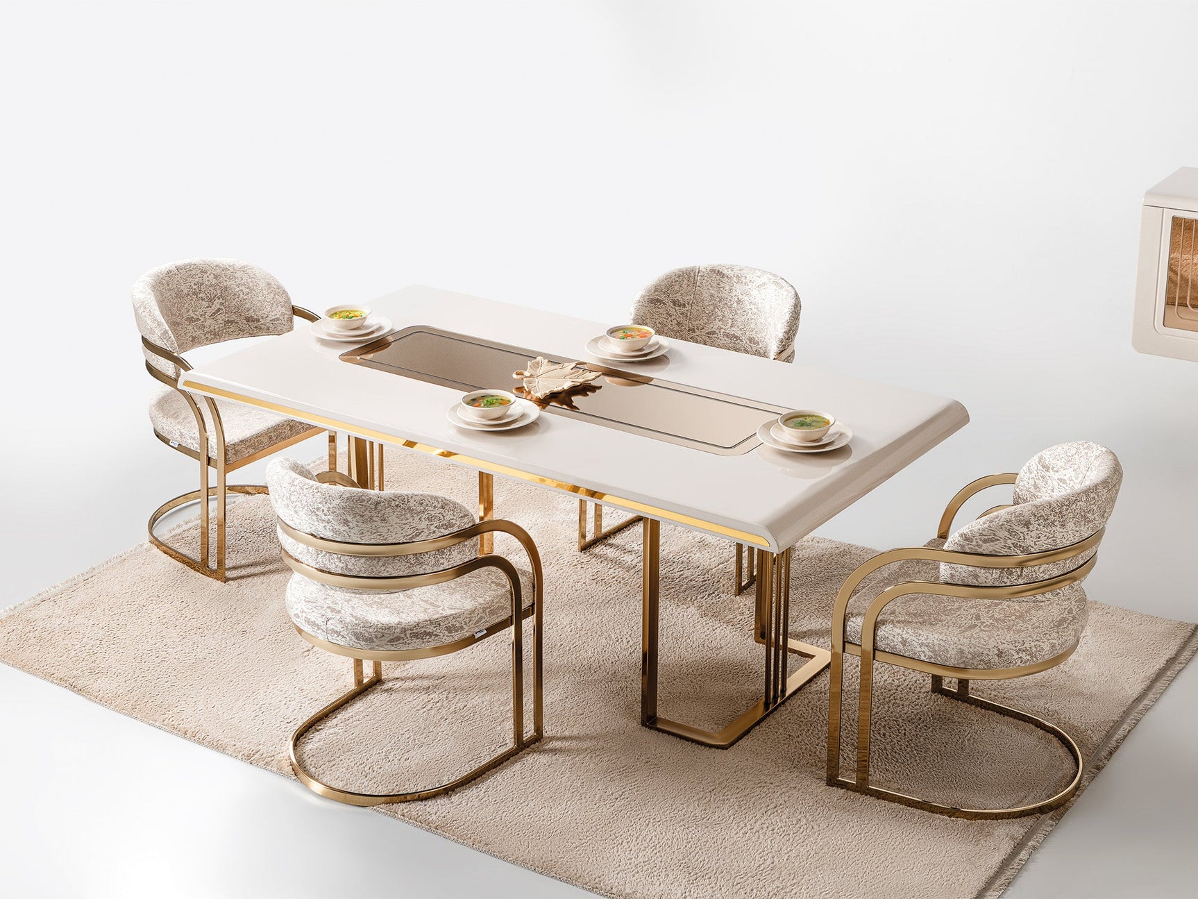 Monza Cream Dining Room Set (Consol With Mirror & Dining Table & 6 Dining Chair)