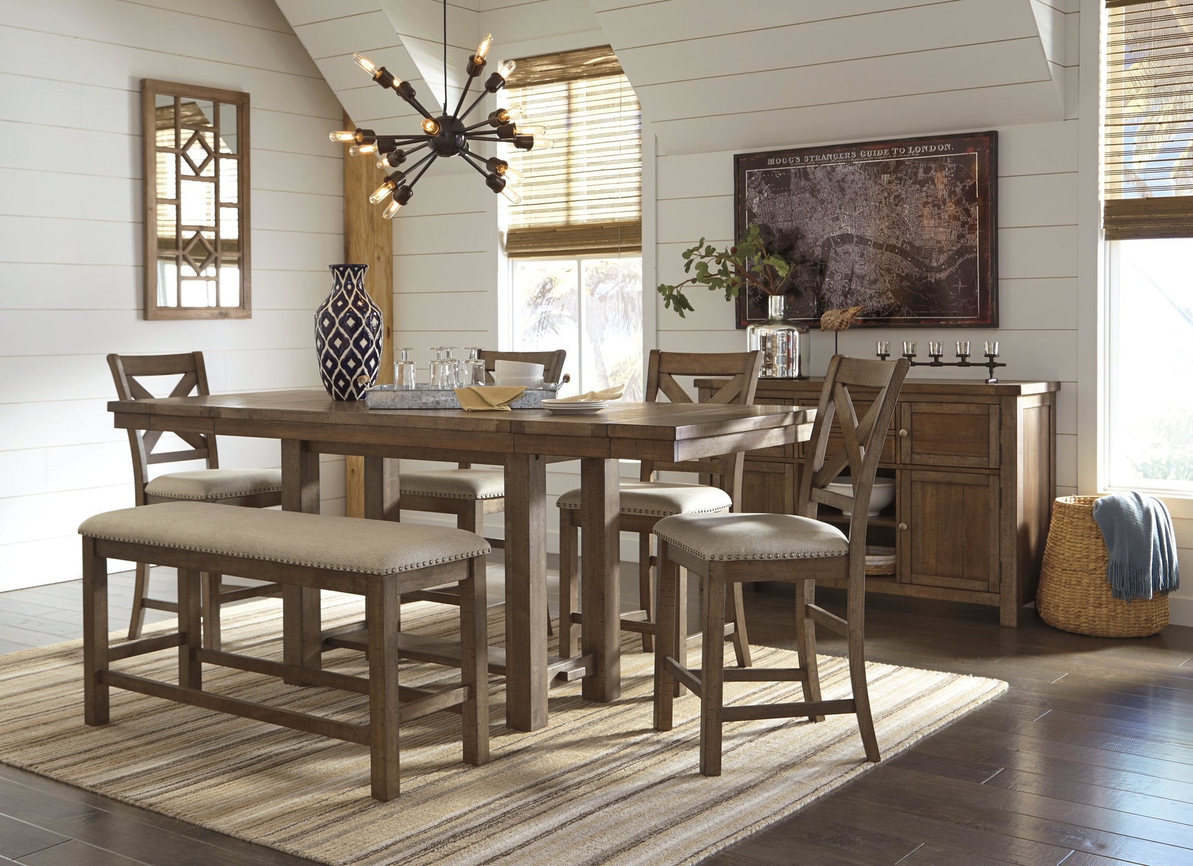 Moriville Grayish Brown Counter Height Dining Table with 4 Barstools, Bench, and Server - Ornate Home