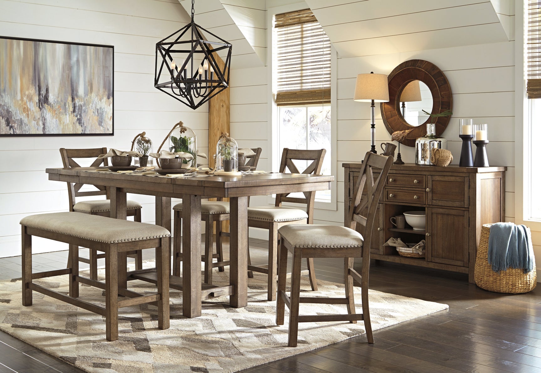 Moriville Grayish Brown Counter Height Dining Table with 4 Barstools, Bench, and Server - Ornate Home