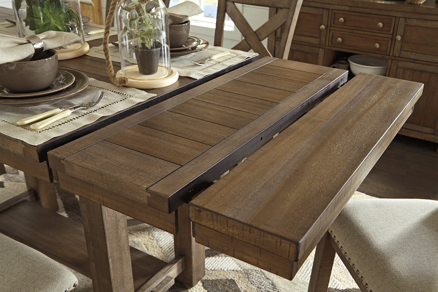 Moriville Grayish Brown Counter Height Dining Table with 4 Barstools, Bench, and Server - Ornate Home