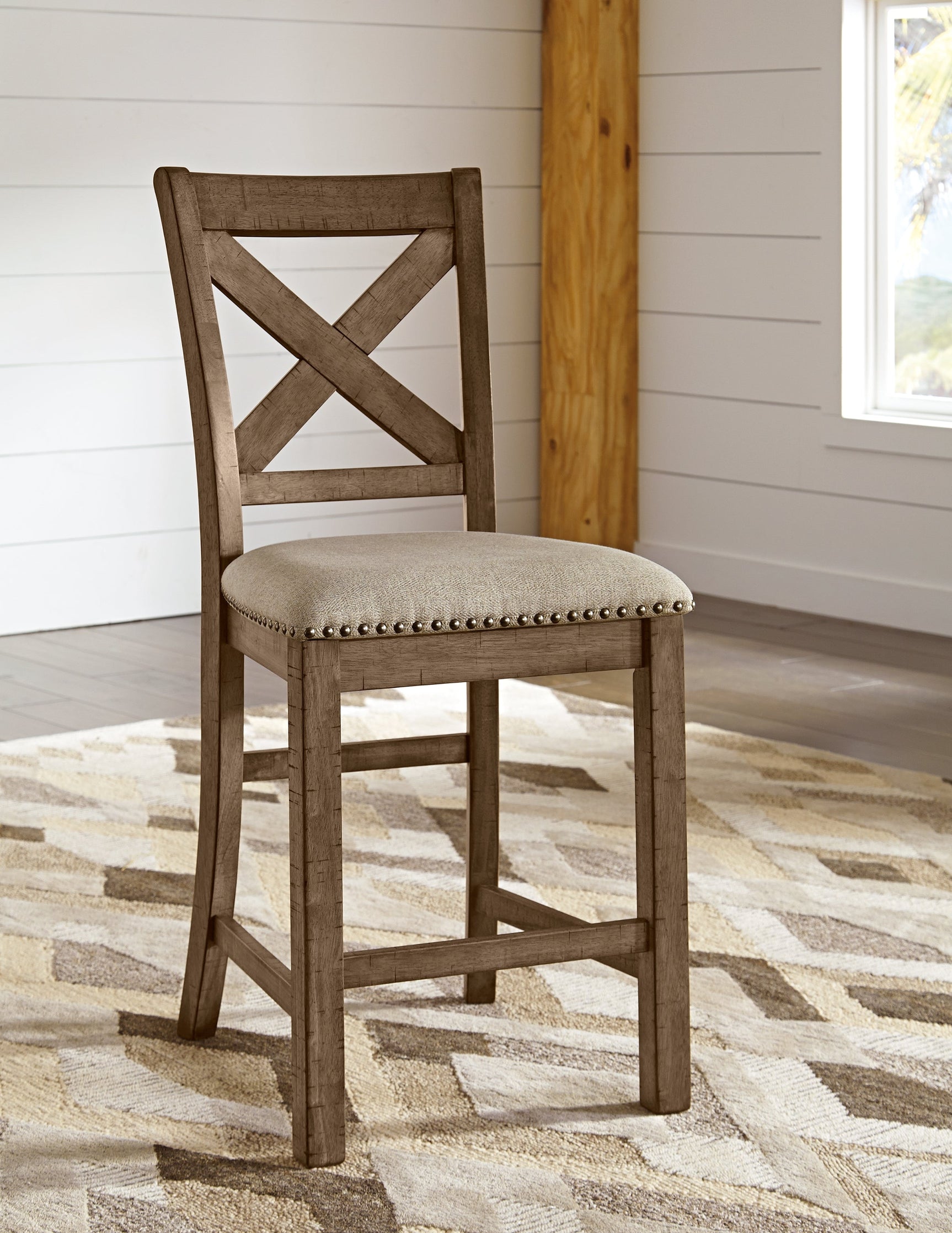 Moriville Grayish Brown Counter Height Dining Table with 4 Barstools, Bench, and Server - Ornate Home
