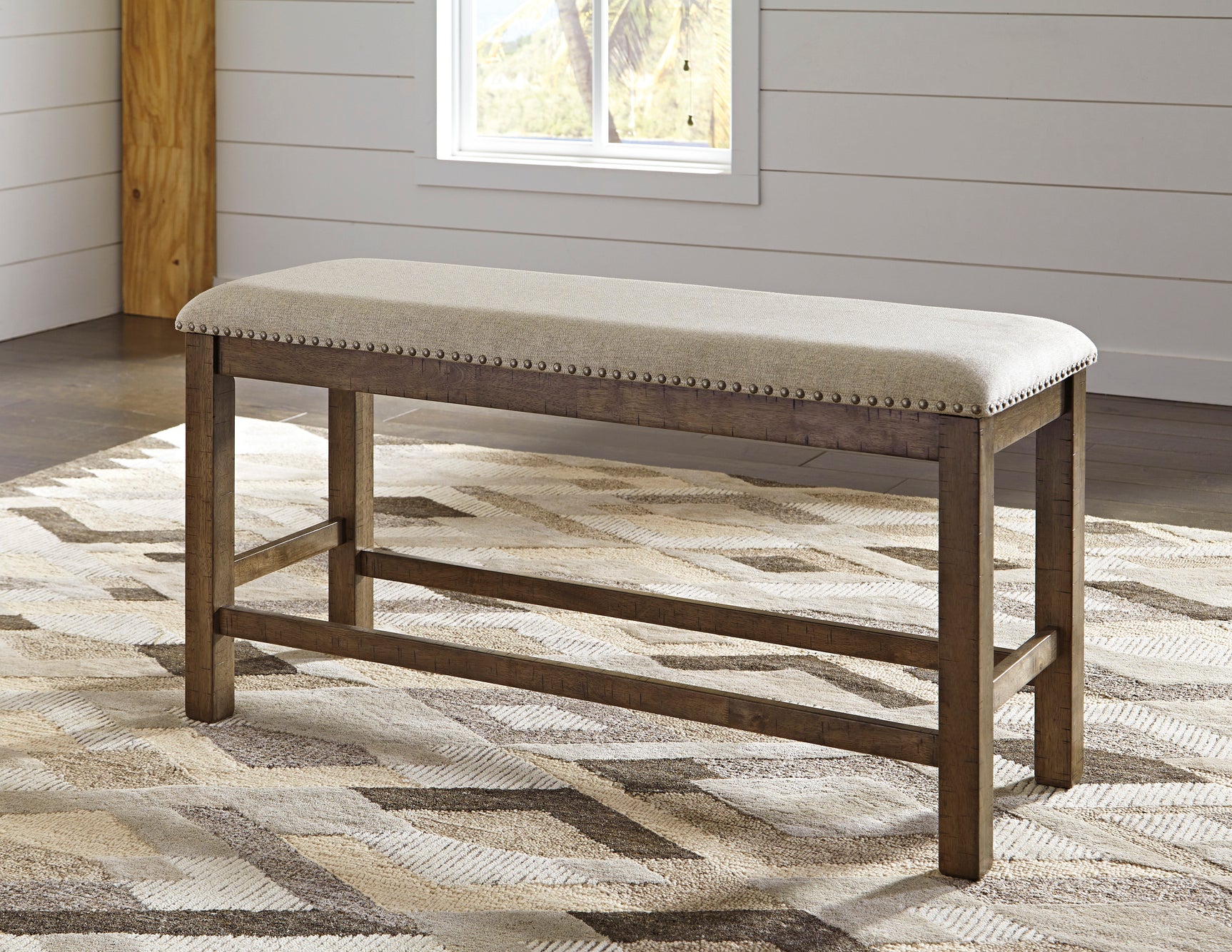 Moriville Grayish Brown Counter Height Dining Table with 4 Barstools, Bench, and Server - Ornate Home