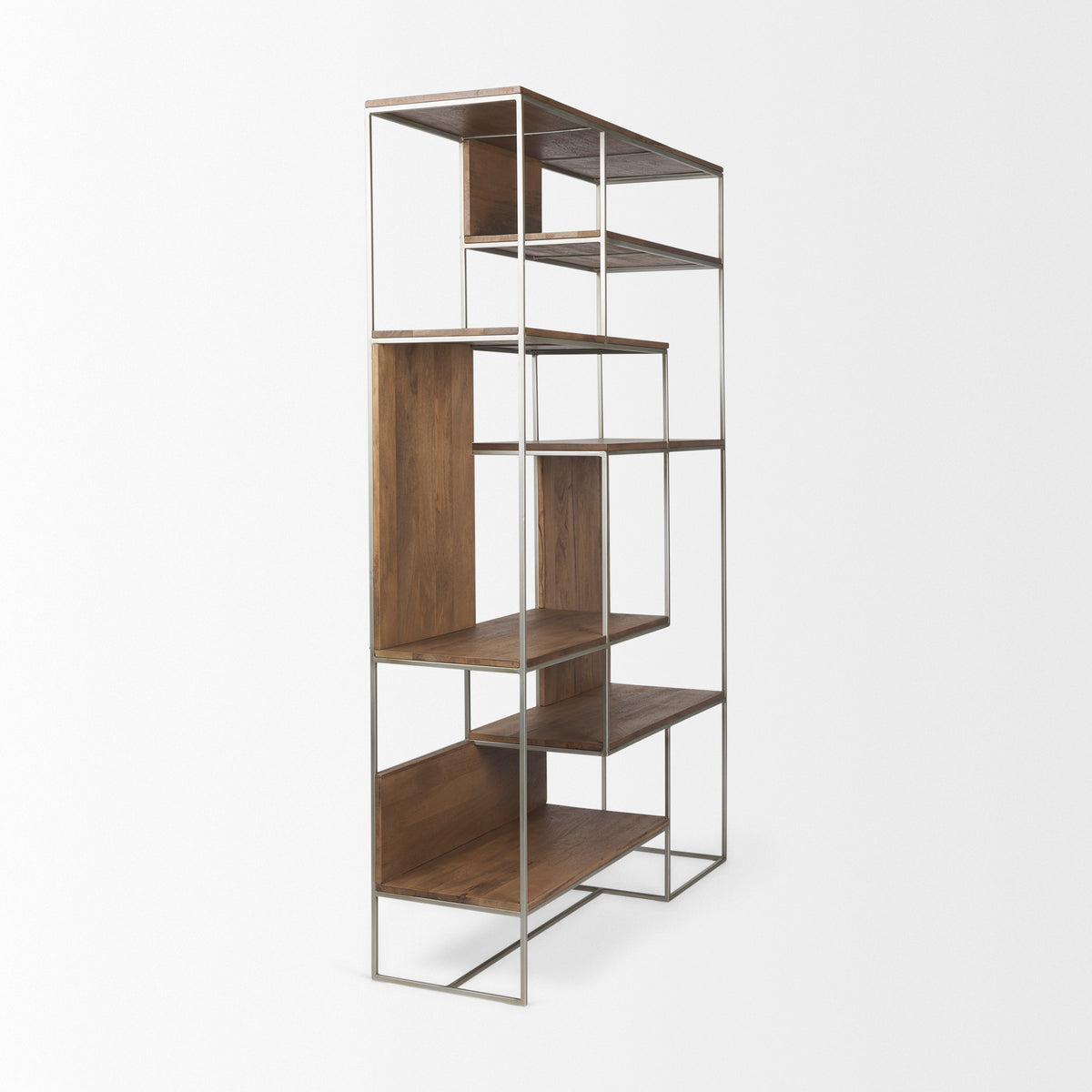 Morris Brown/Silver Wood and Metal Frame 6 Shelf Shelving Unit