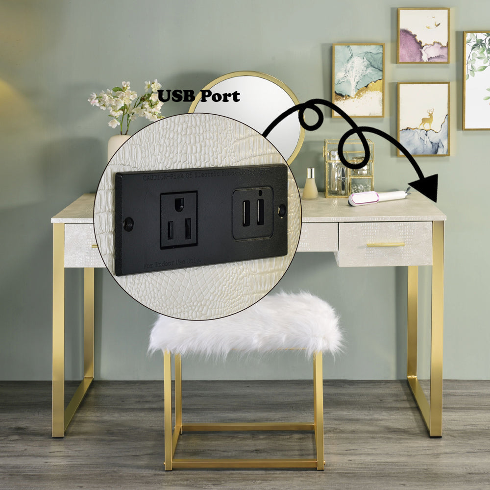 Myles Antique White/Champagne Vanity Set w/USB - Ornate Home