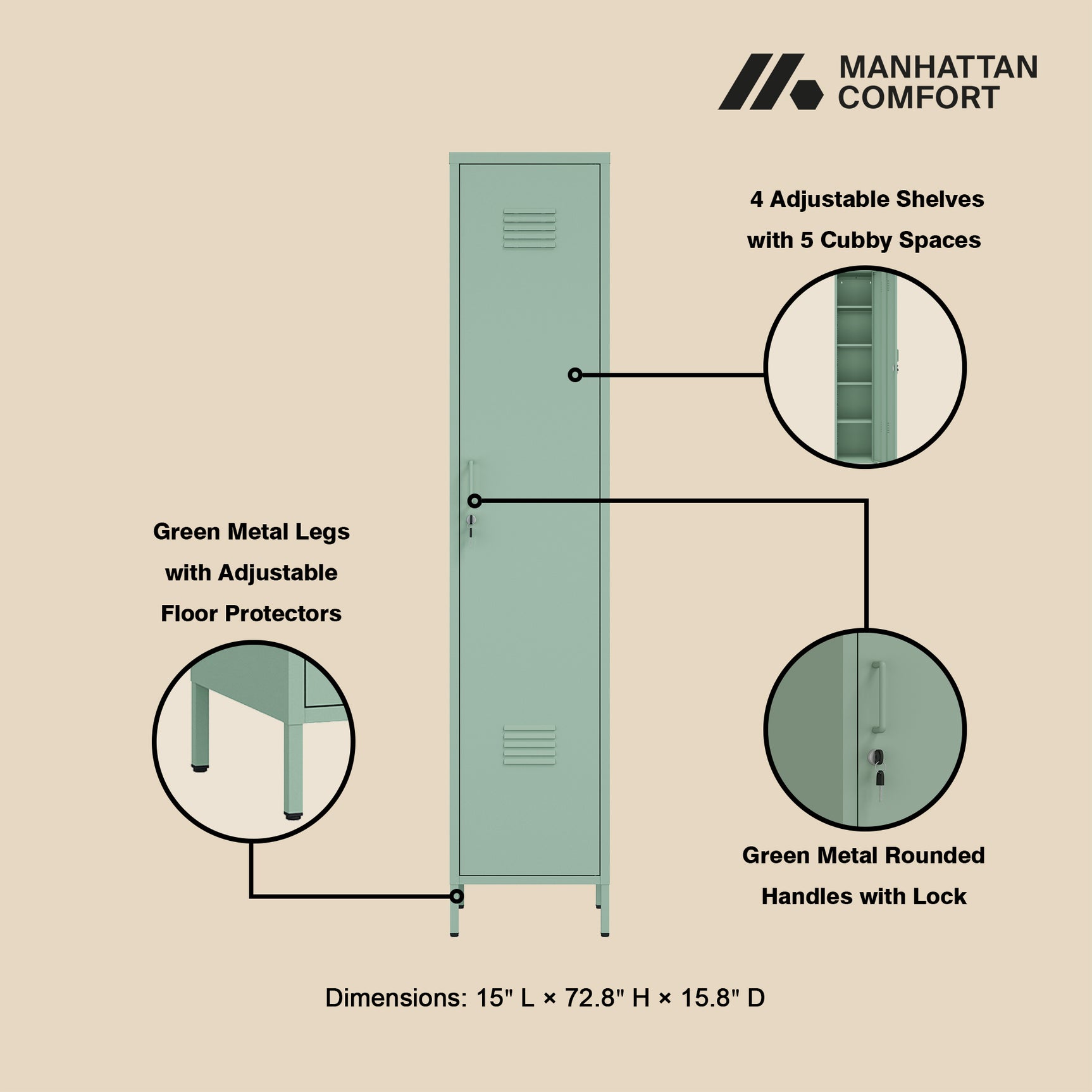 Naomi 15" Single Locker Storage Cabinet in Green - Ornate Home