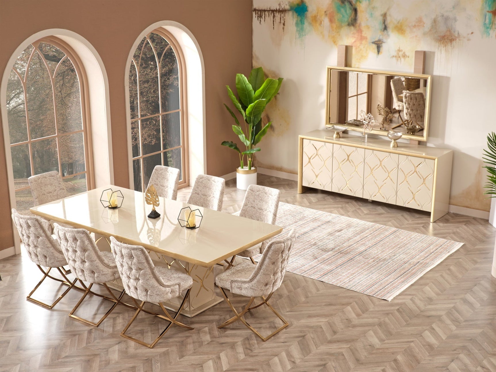Napoli Taupe/Cream Dining Room Set (Consol With Mirror & Dining Table & 6 Dining Chair)