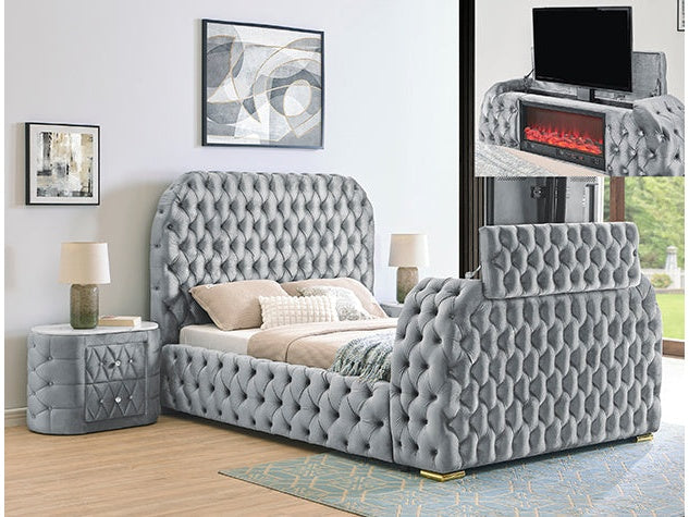Natalia Gray King Bed w/ Fireplace and TV Lift - Ornate Home