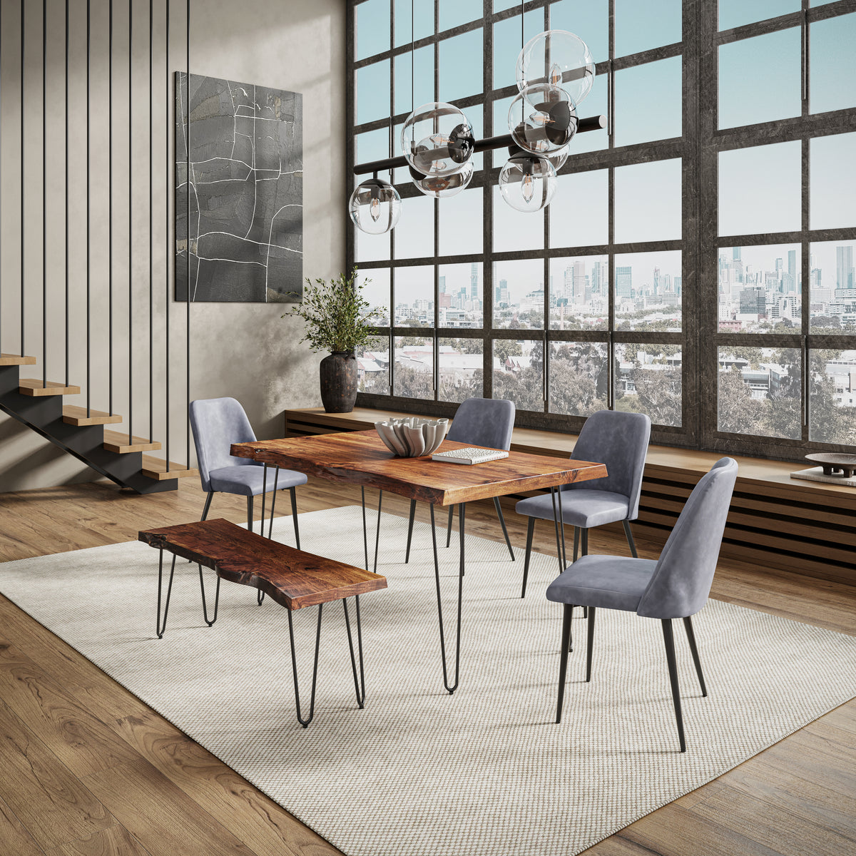 Nature's Edge Light Chestnut/Grey 60 Dining Table w/ 4 Maddox Chairs and Bench - Ornate Home