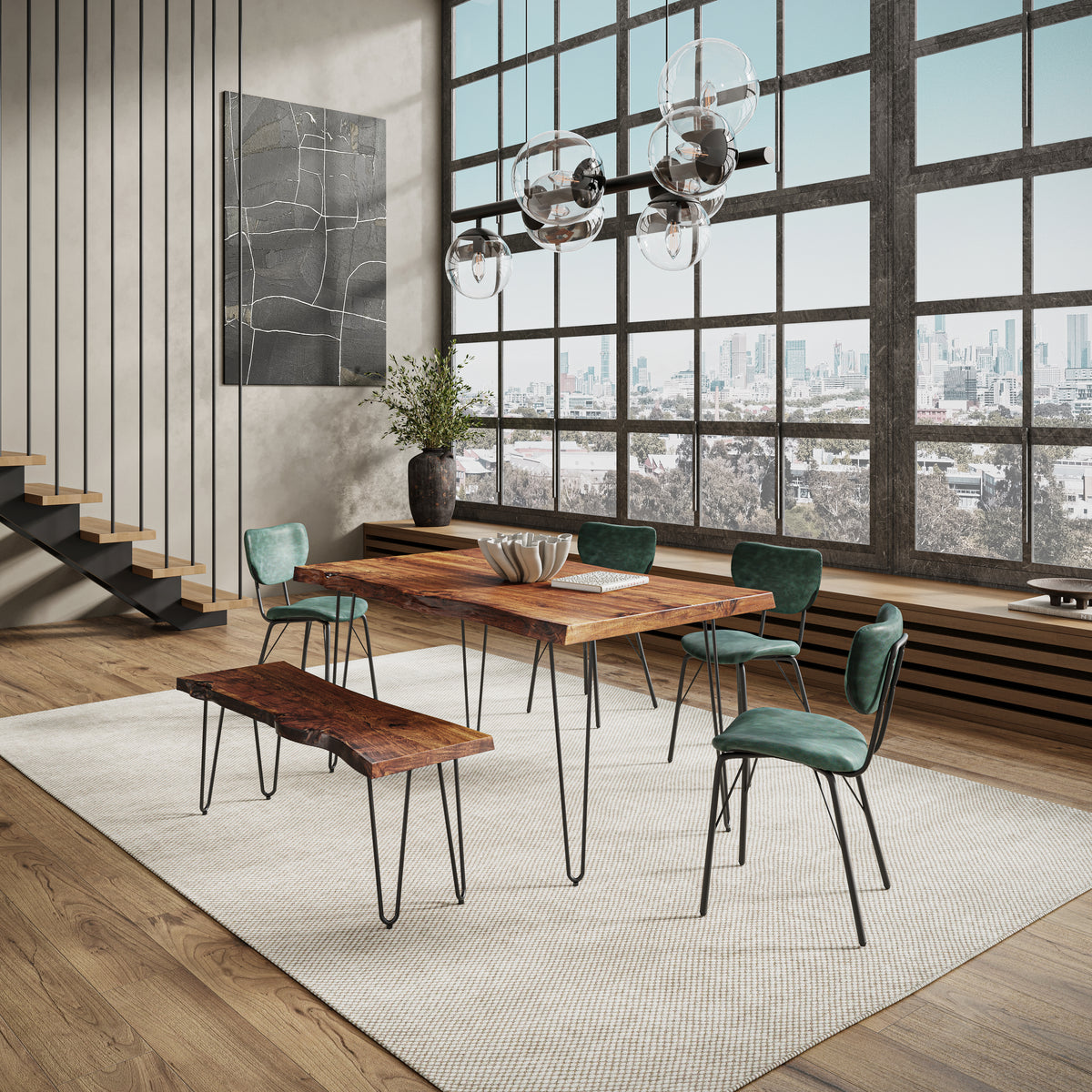 Nature's Edge Light Chestnut/Jade 60 Dining Table w/ 4 Owen Chairs and Bench - Ornate Home