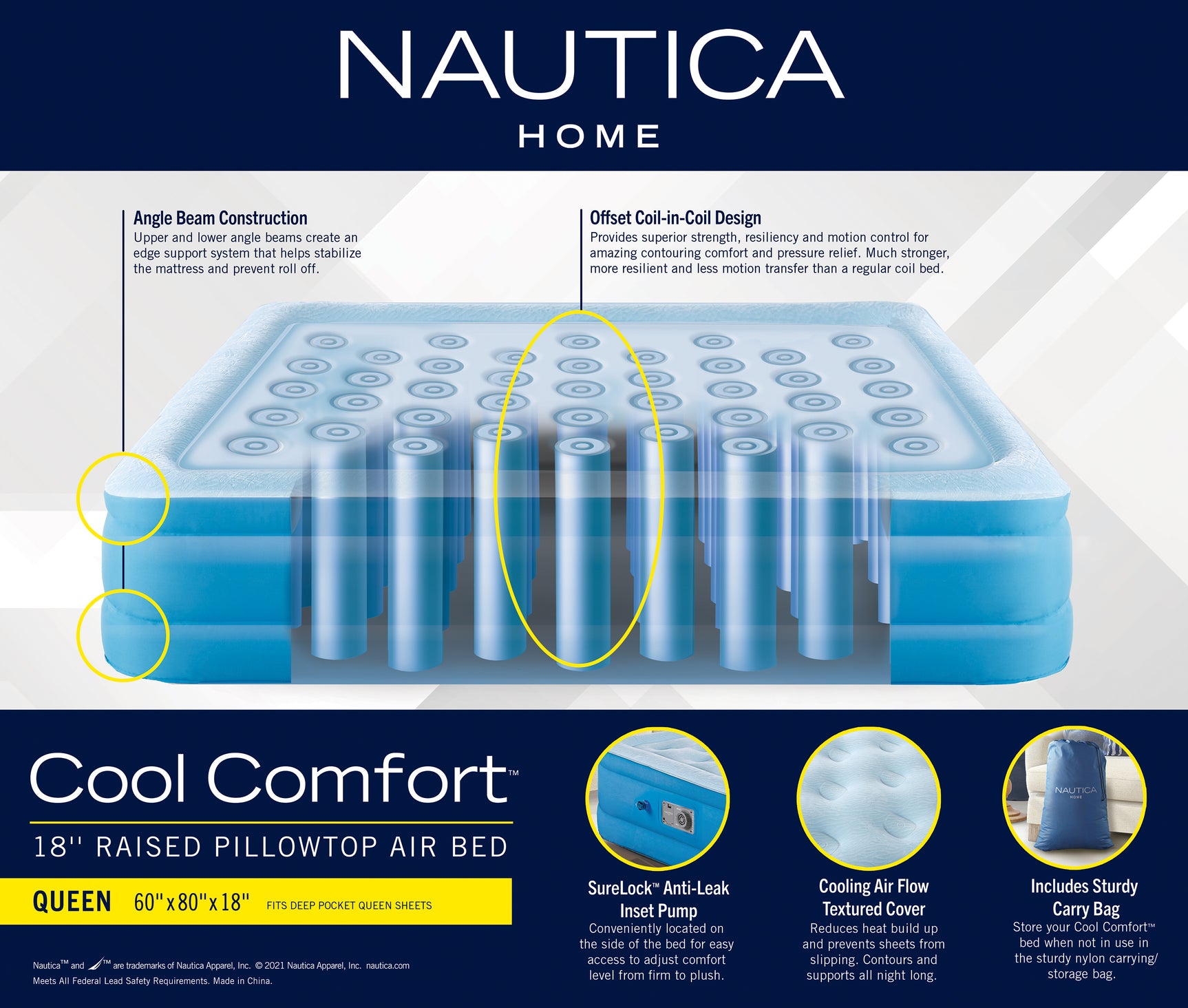 Nautica Cool Comfort Blue Pillowtop Air Mattress with Inset Pump - Ornate Home