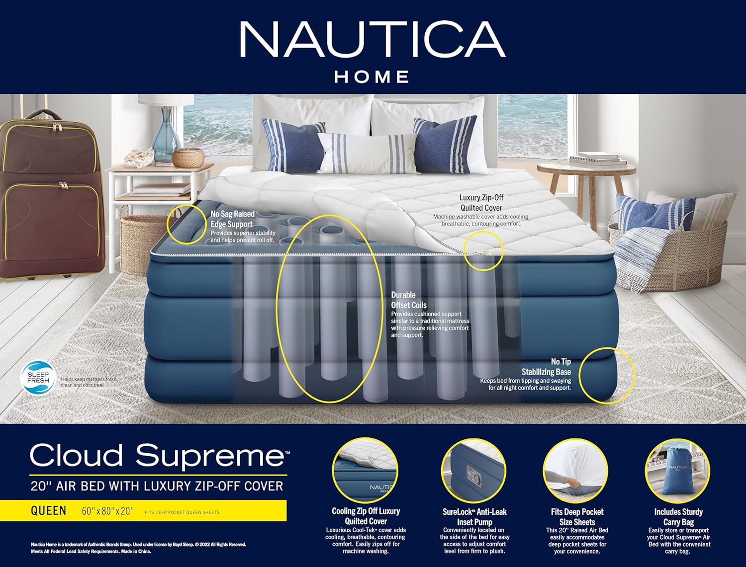 Nautica Home Queen Cloud Supreme 20" Air Mattress Inflatable Bed - Ornate Home