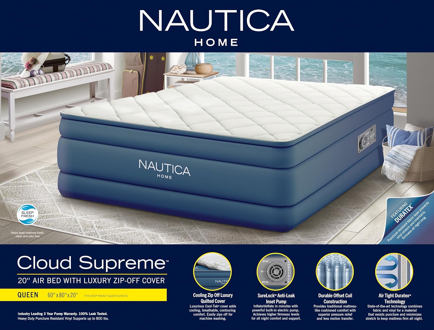 Nautica Home Queen Cloud Supreme 20" Air Mattress Inflatable Bed - Ornate Home