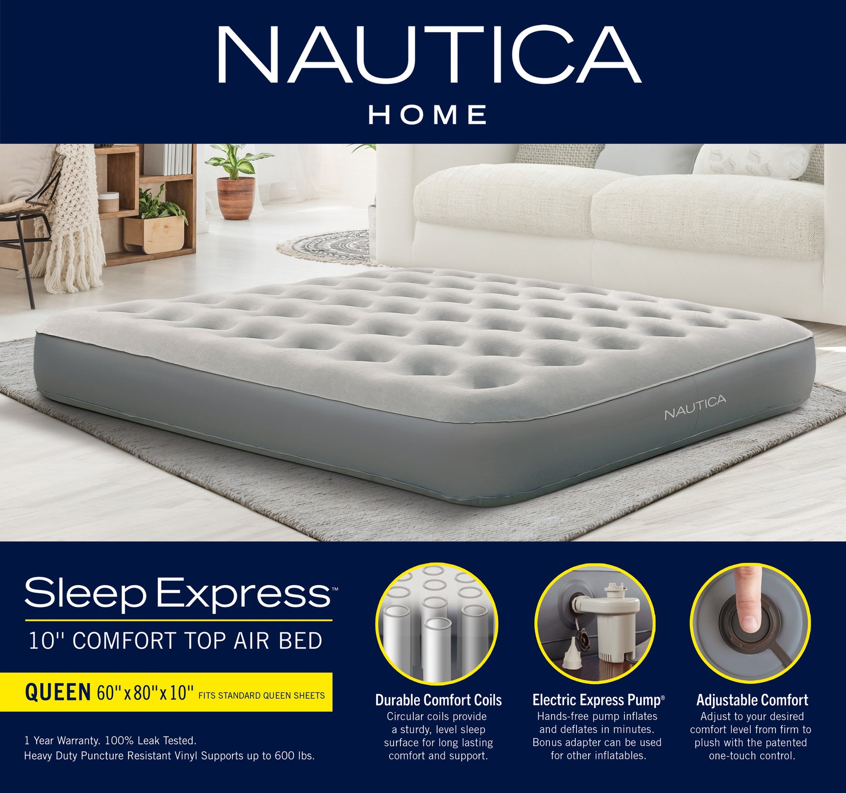 Nautica Home Sleep Express Gray 10” Air Mattress with Express Pump - Ornate Home