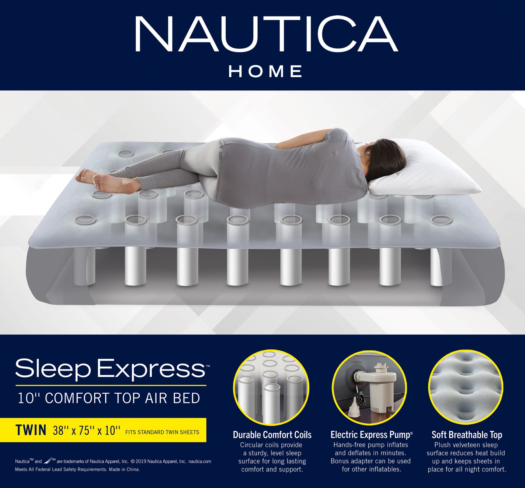 Nautica Home Sleep Express Gray 10” Air Mattress with Express Pump - Ornate Home