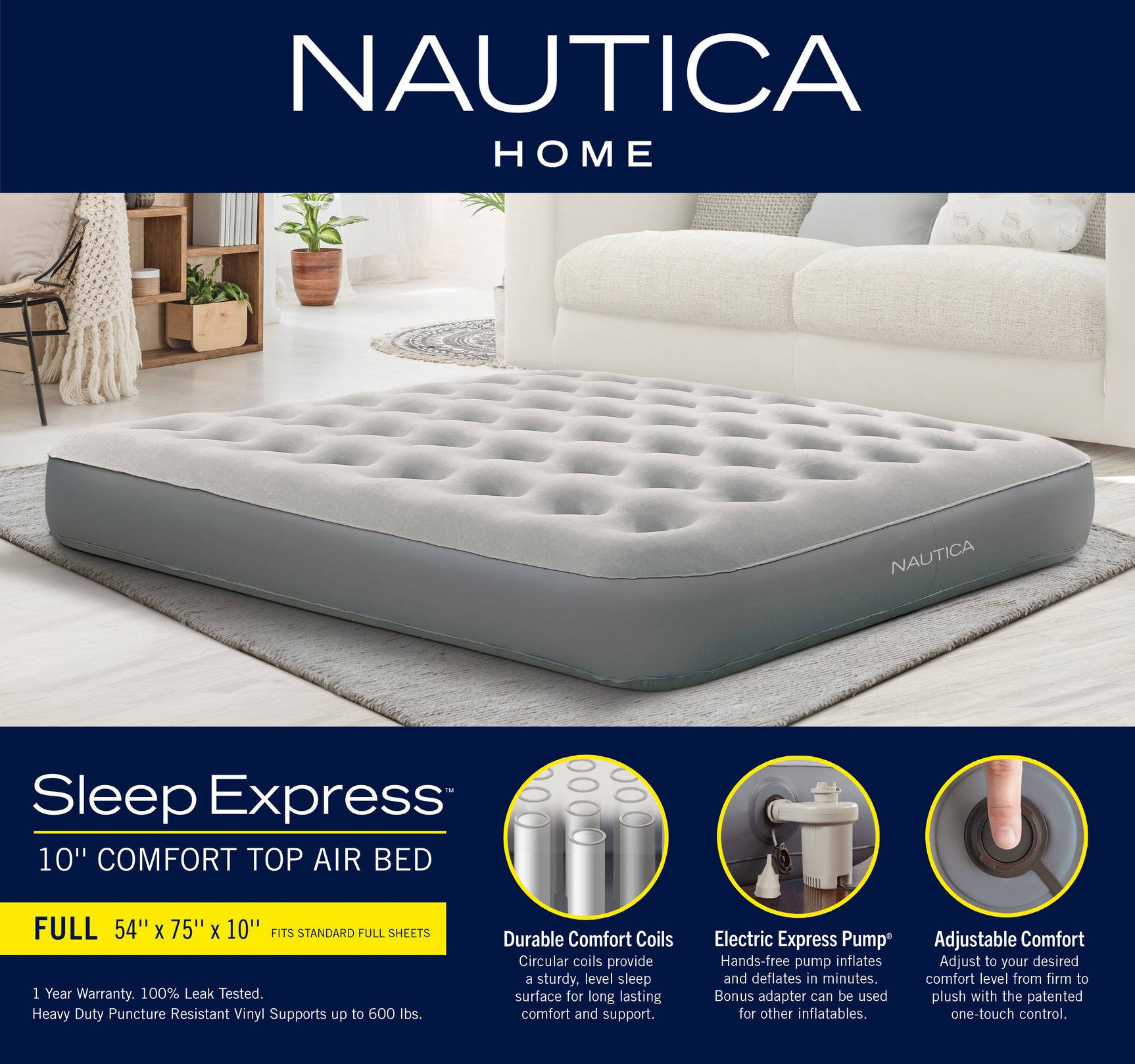 Nautica Home Sleep Express Gray 10” Air Mattress with Express Pump - Ornate Home