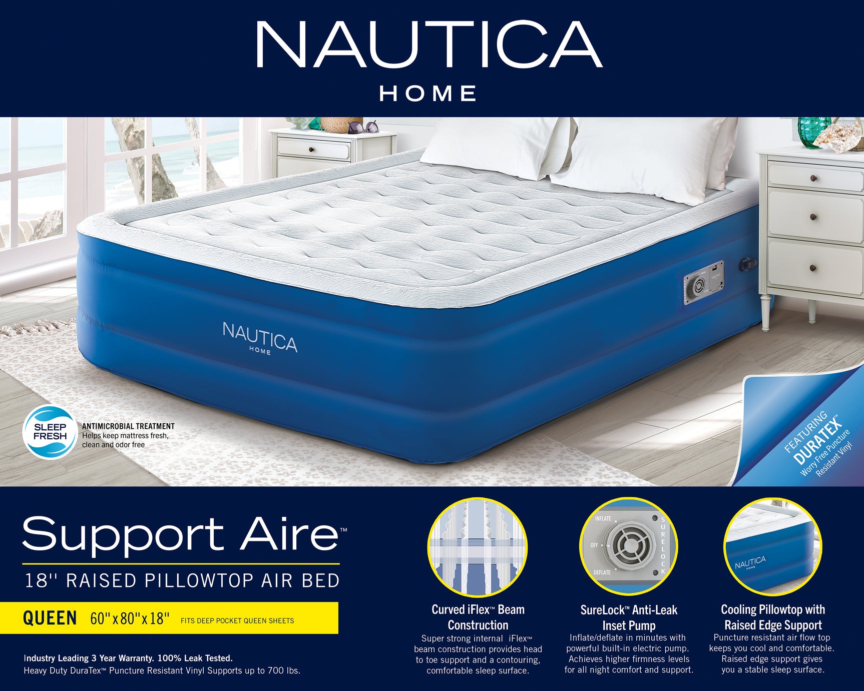 Nautica Home Support Aire Air Blue/Gray Mattress with Inset Pump - Ornate Home
