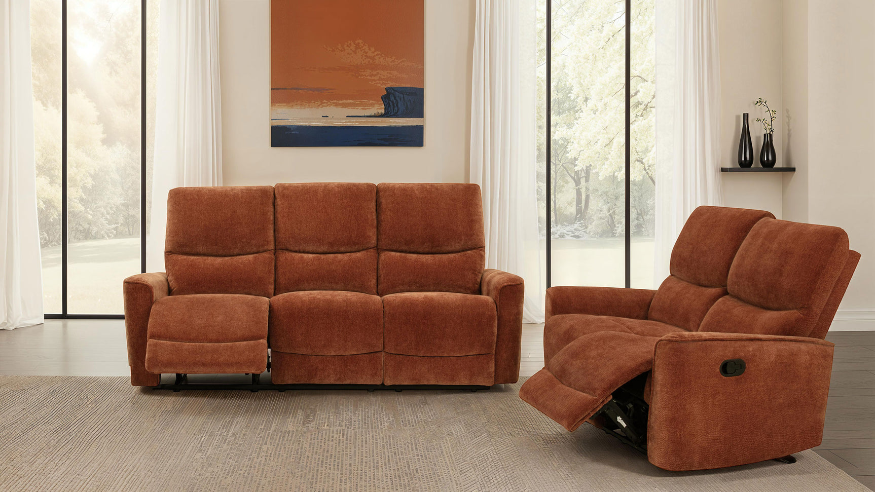 Navarro Burnt Orange Chenille Upholstered Reclining Loveseat - Ornate Home