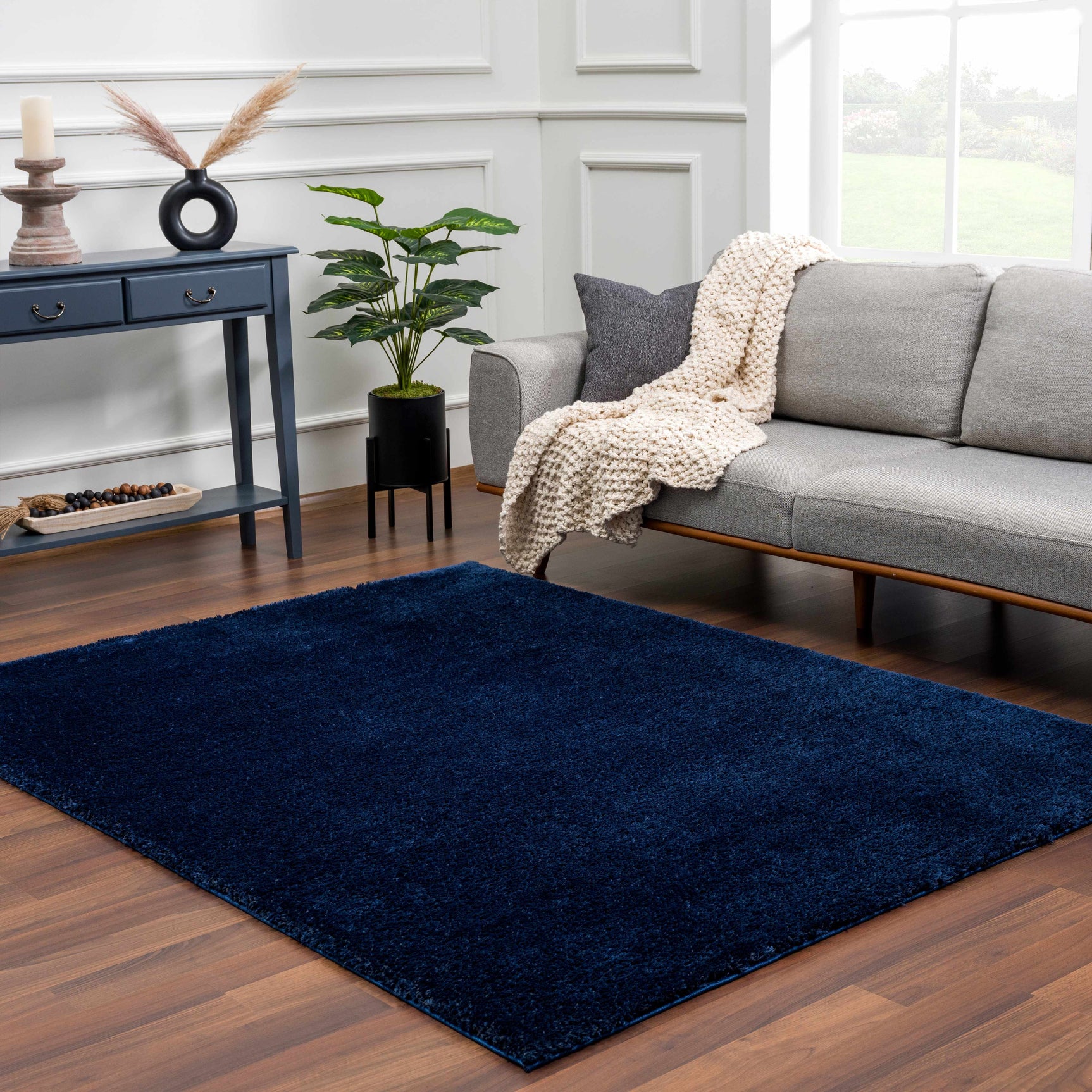 Navero Dark Blue Subtle Wavy Abstract Modern Minimalist Polyester Machine Woven Area Rug - Clearance - Ornate Home