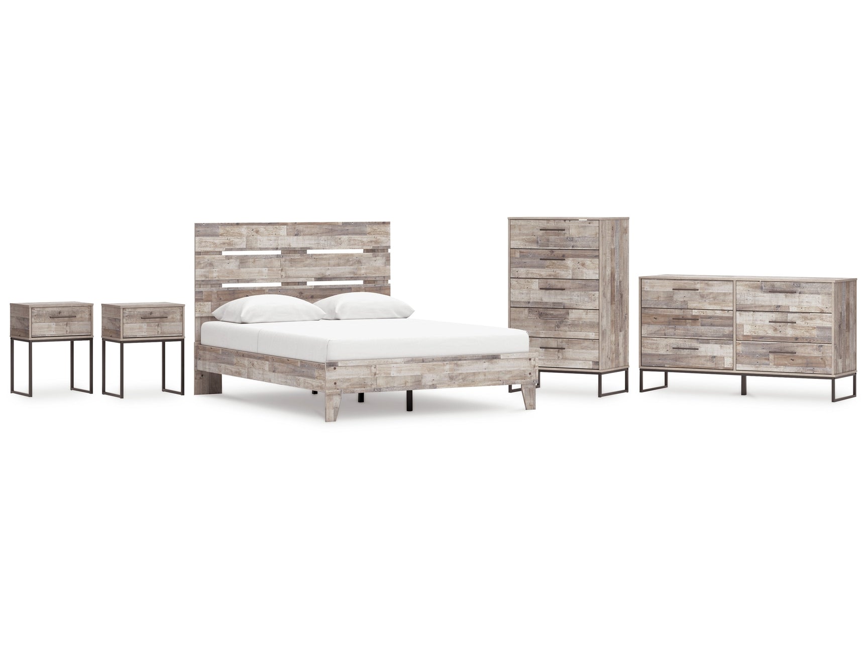 Neilsville Whitewash Queen Platform Bedroom Set with Dresser, Chest and 2 Nightstands - Ornate Home