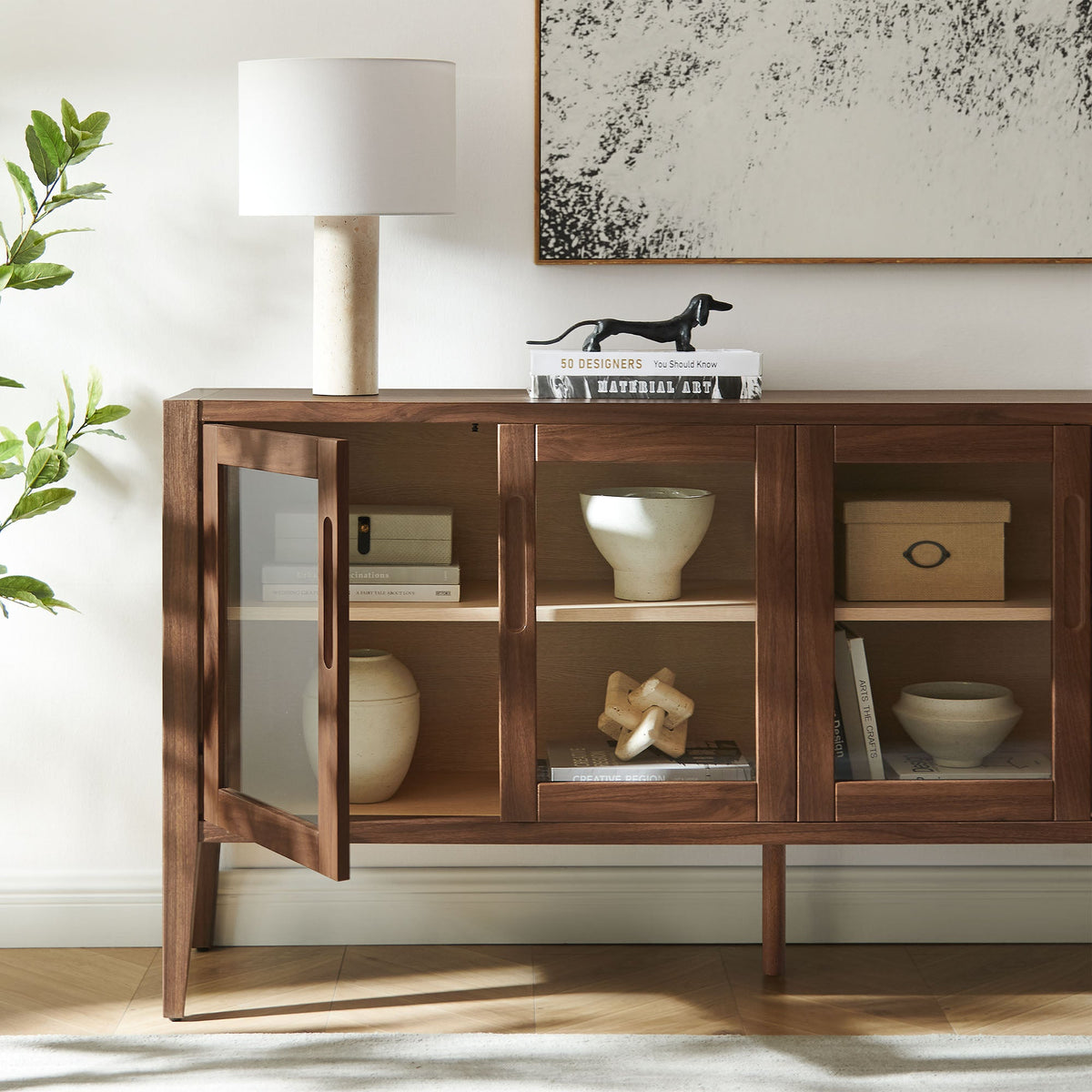 Nell Walnut 72" Glass Door Sideboard Storage Display Cabinet - Ornate Home