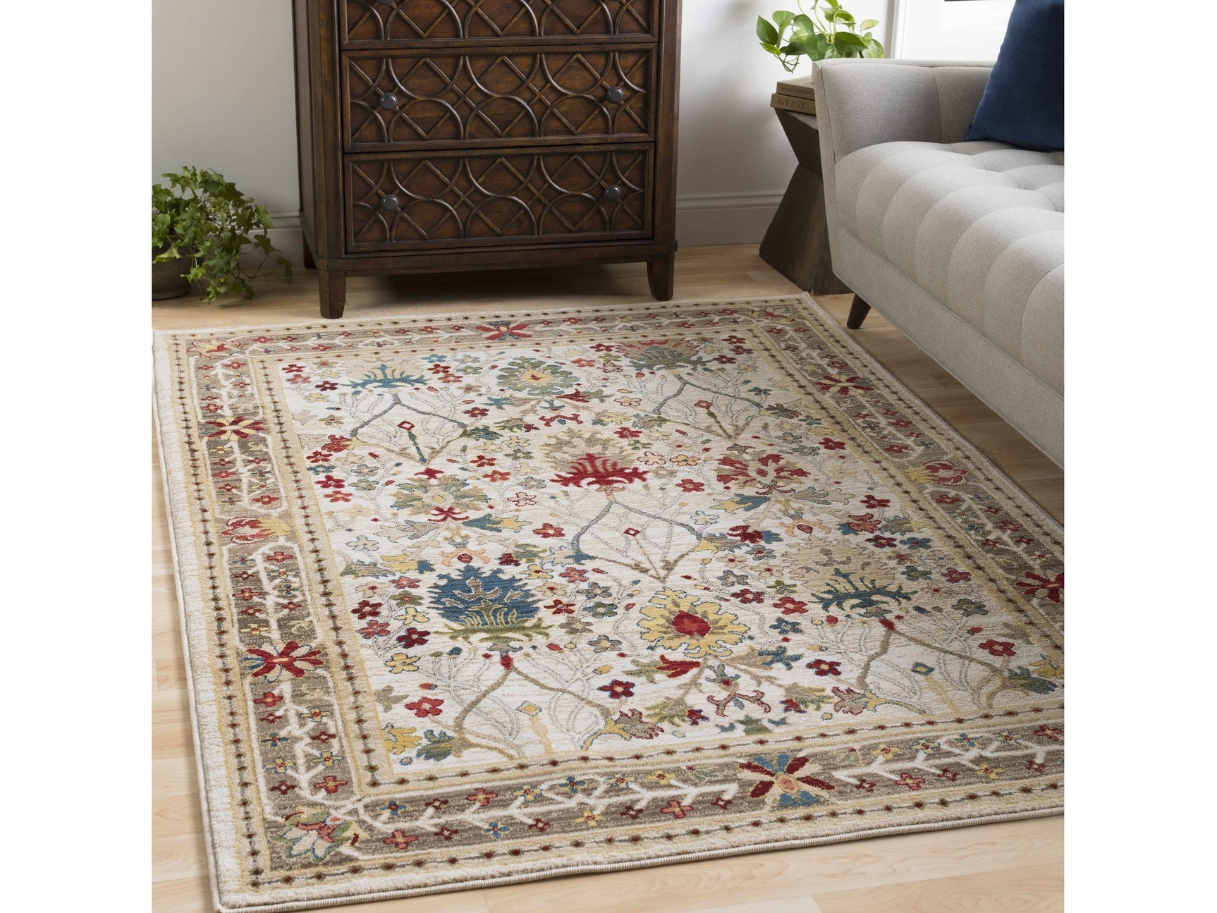 Neola White/Brown Damask Area Rug - Ornate Home