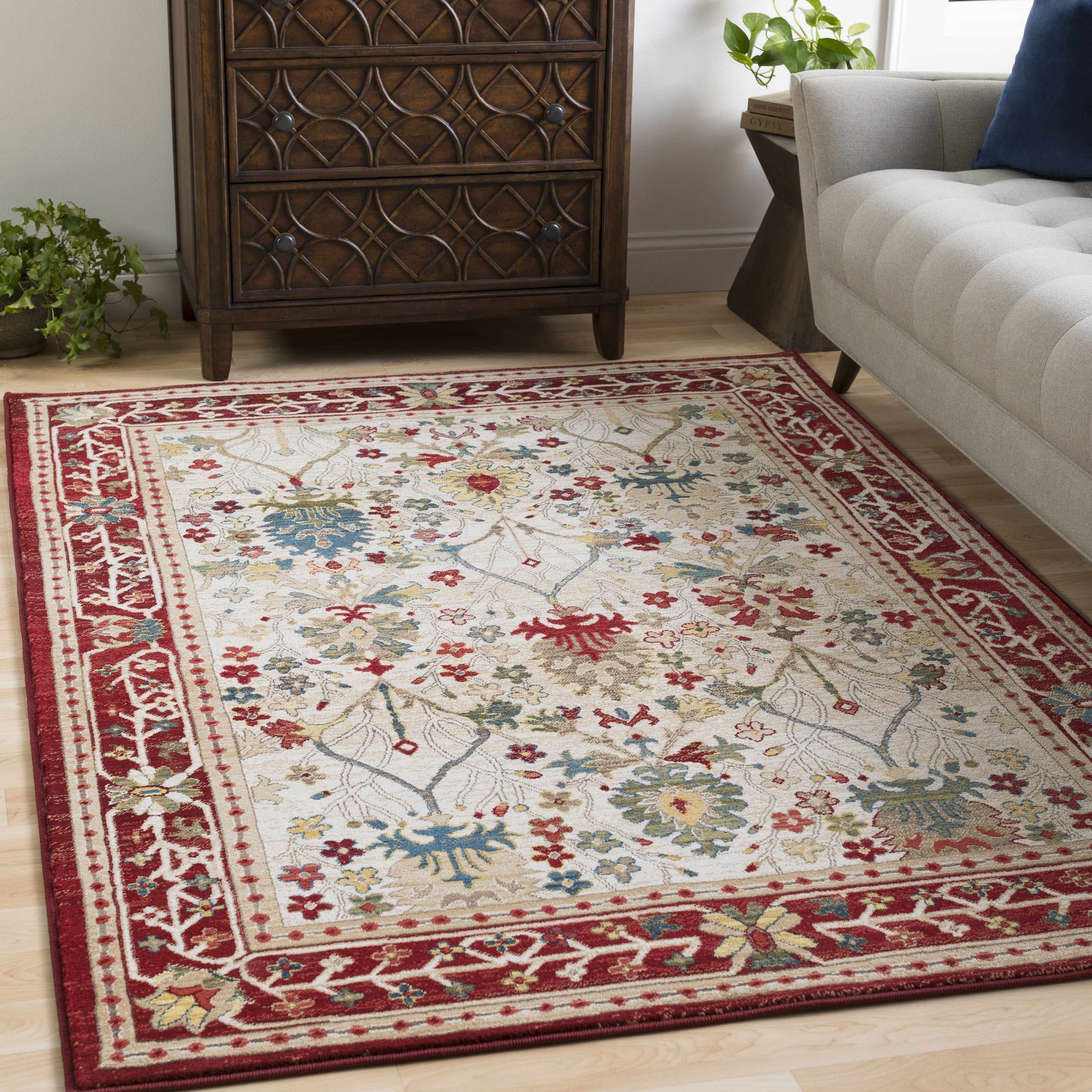 Neola White/Red Damask Area Rug - Ornate Home