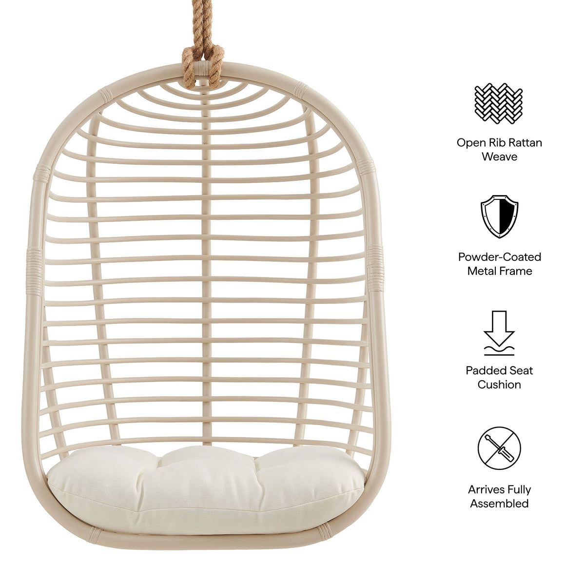 Neve Light Tan White Open Rib Weave Natural Rattan Hanging Chair