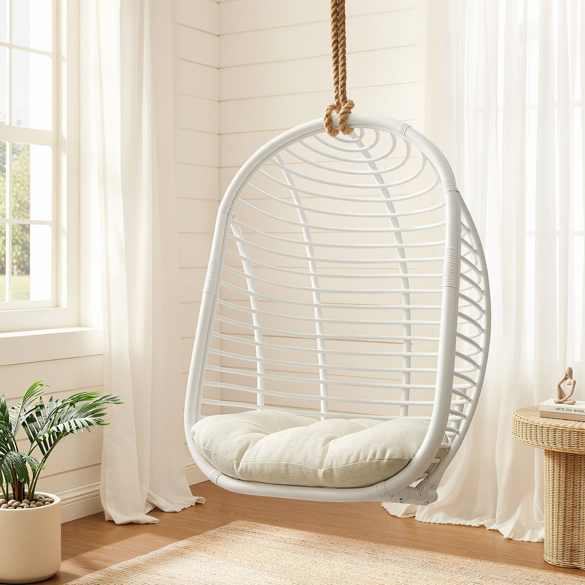 Neve White Light Beige Open Rib Weave Natural Rattan Hanging Chair