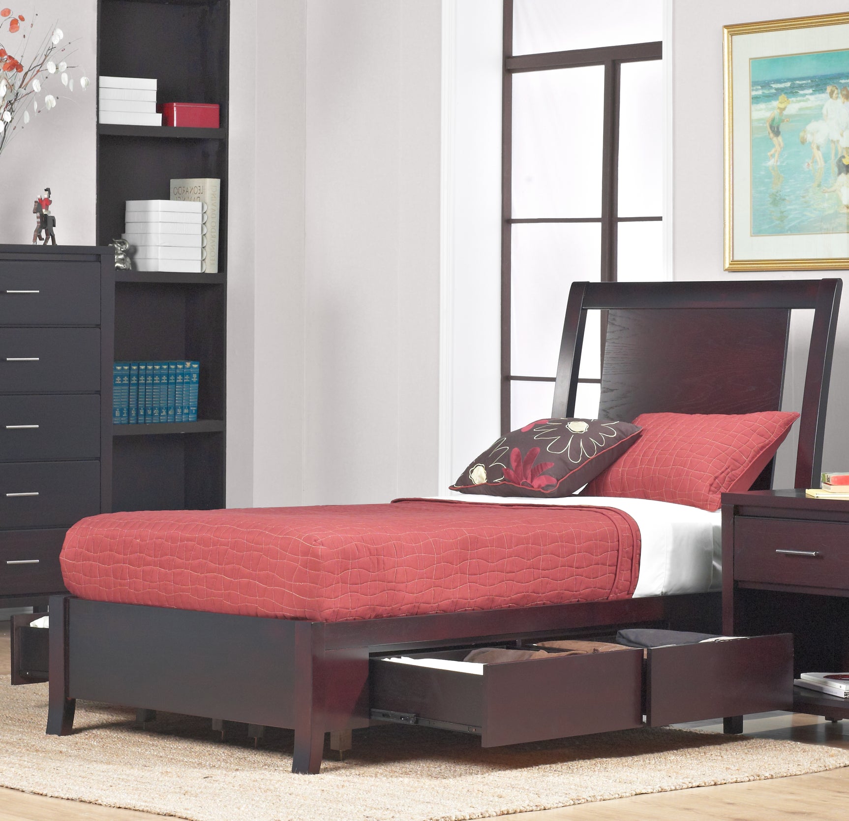 Nevis Eastern King Low Profile Storage Bed in Espresso - Ornate Home