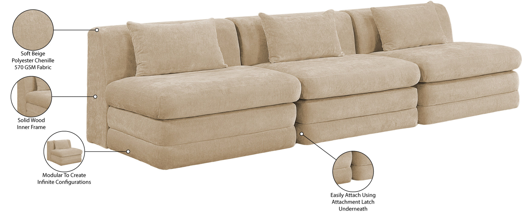 Newport Beige 114" Chenille Fabric Upholstered 3-Piece Armless Modular Sofa - Ornate Home
