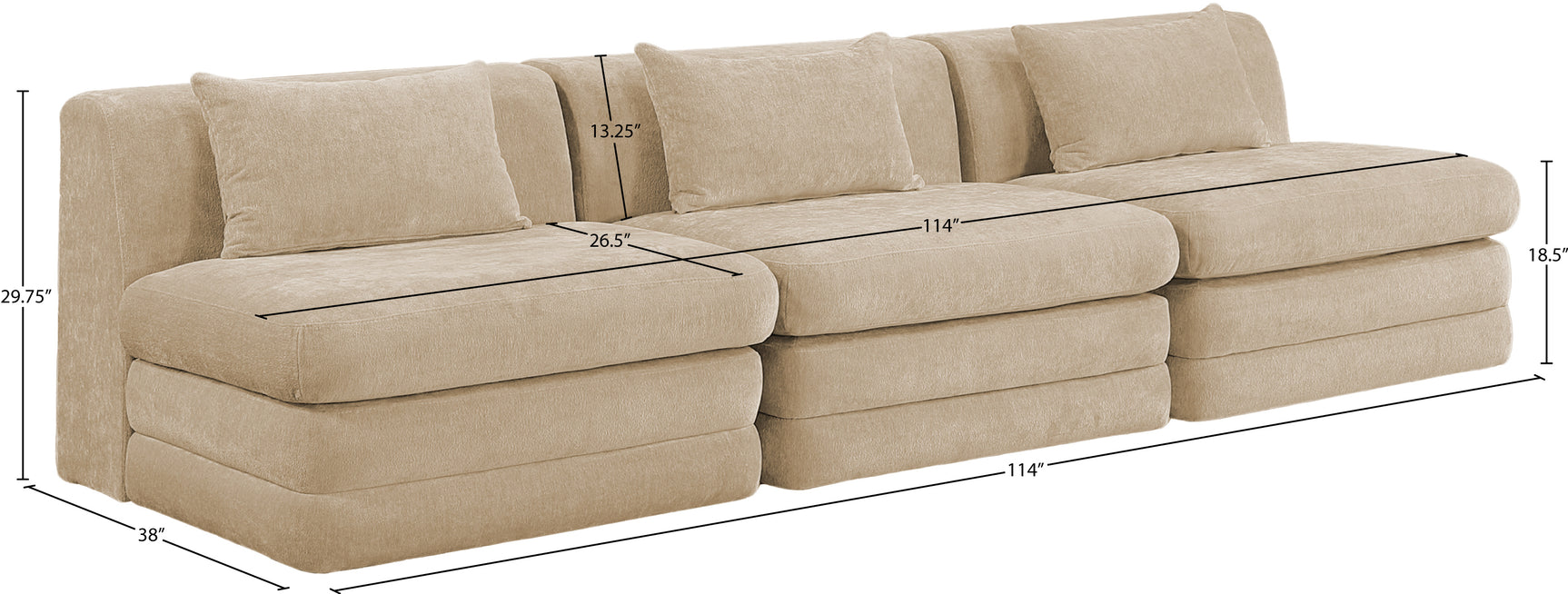 Newport Beige 114" Chenille Fabric Upholstered 3-Piece Armless Modular Sofa - Ornate Home