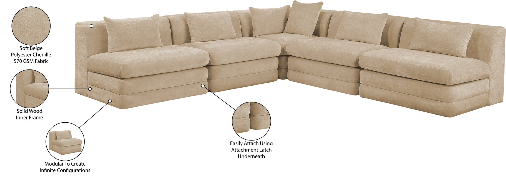 Newport Beige 114" Chenille Fabric Upholstered 5-Piece Armless Modular Sectional - Ornate Home