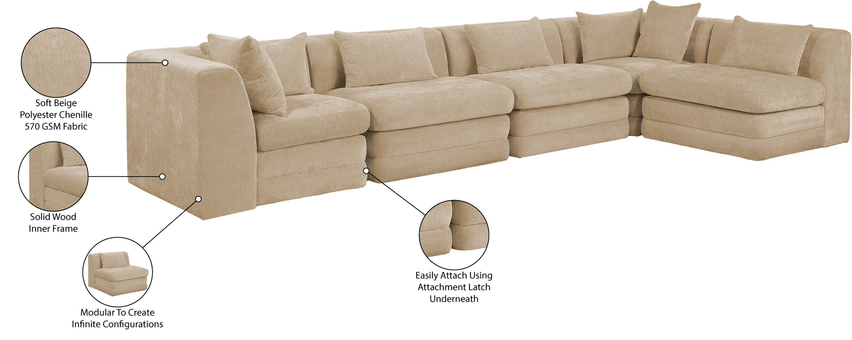 Newport Beige 152" Chenille Fabric Upholstered 5-Piece L Shaped Modular Sectional - Ornate Home