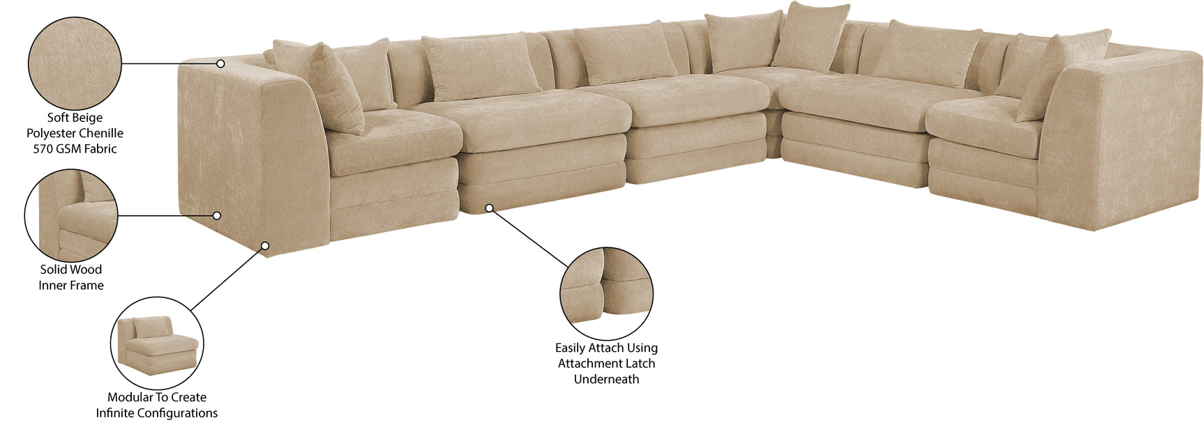 Newport Beige 152" Chenille Fabric Upholstered 6-Piece L Shaped Modular Sectional - Ornate Home