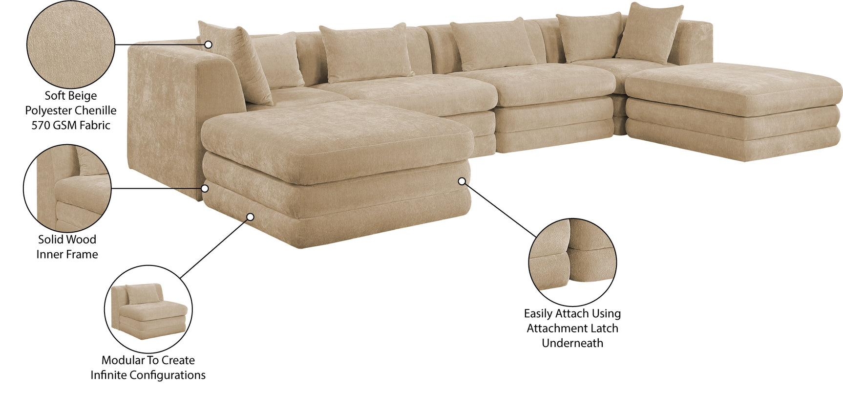 Newport Beige 152" Chenille Fabric Upholstered 6-Piece Modular Sectional - Ornate Home