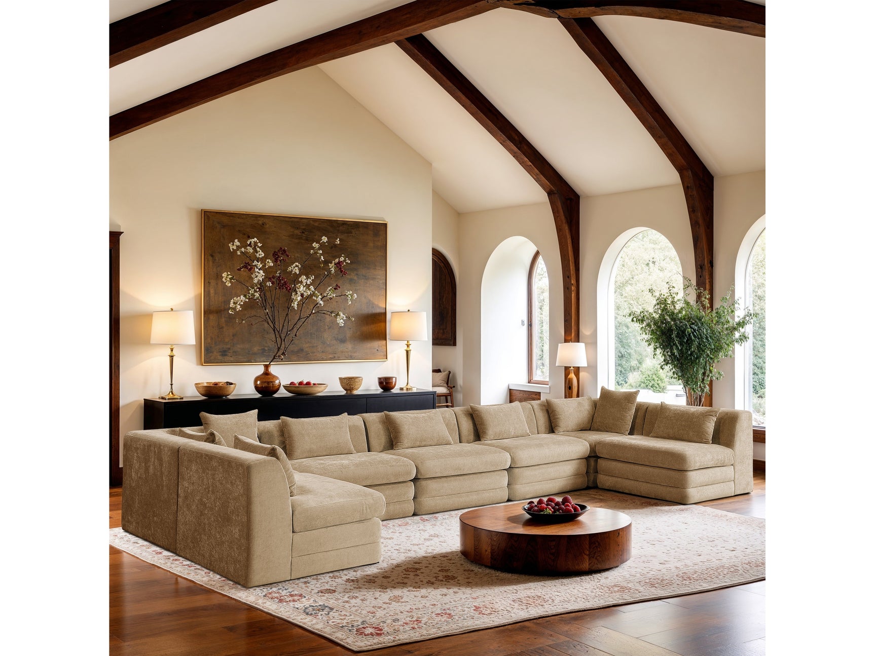 Newport Beige 190" Chenille Fabric Upholstered 7-Piece Modular Sectional - Ornate Home