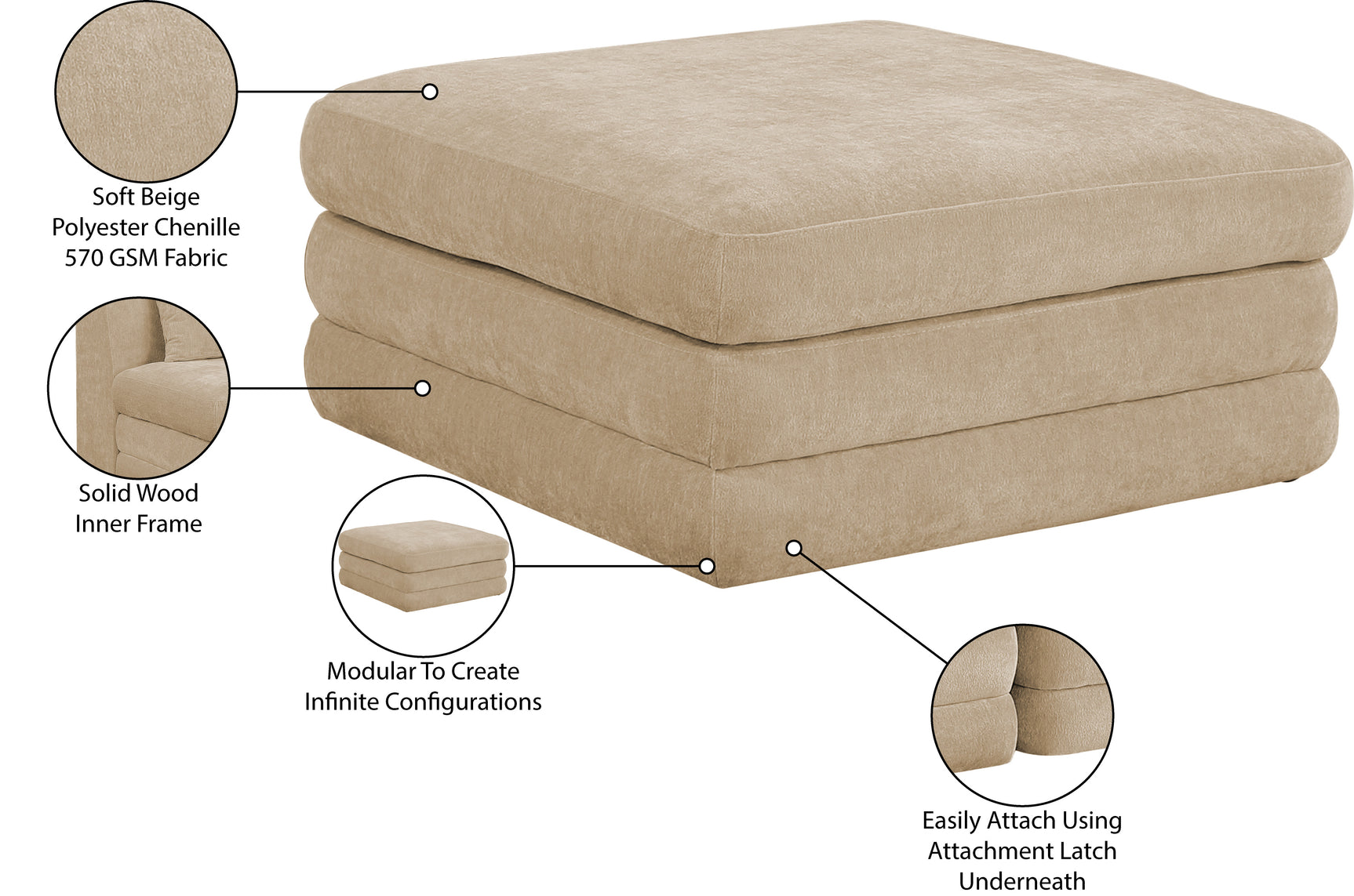Newport Beige Fabric Upholstered Modular Ottoman - Ornate Home