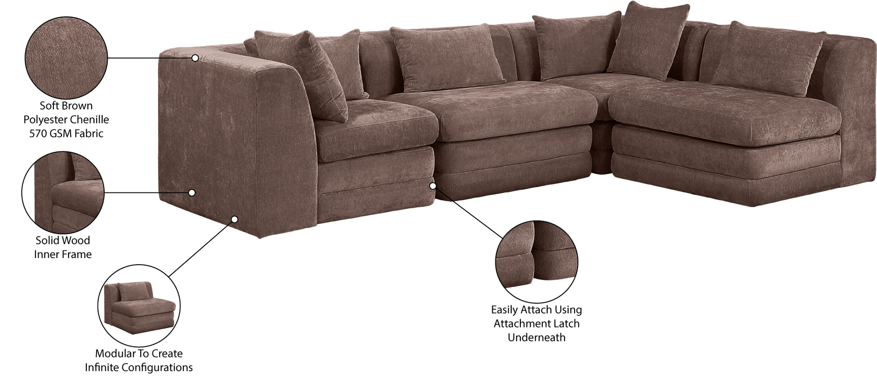 Newport Brown 114" Chenille Fabric Upholstered 4-Piece L Shaped Modular Sectional - Ornate Home