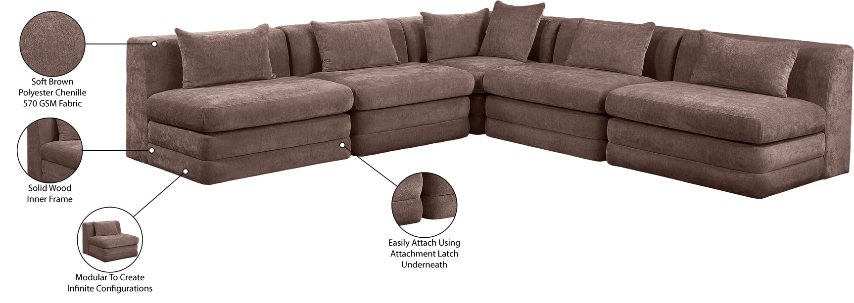 Newport Brown 114" Chenille Fabric Upholstered 5-Piece Armless Modular Sectional - Ornate Home