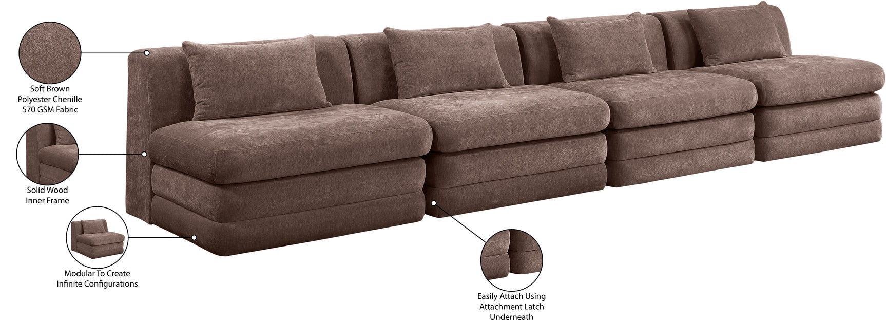 Newport Brown 152" Chenille Fabric Upholstered 4-Piece Armless Modular Sofa - Ornate Home