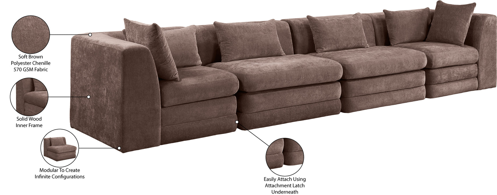 Newport Brown 152" Chenille Fabric Upholstered 4-Piece Modular Sofa - Ornate Home