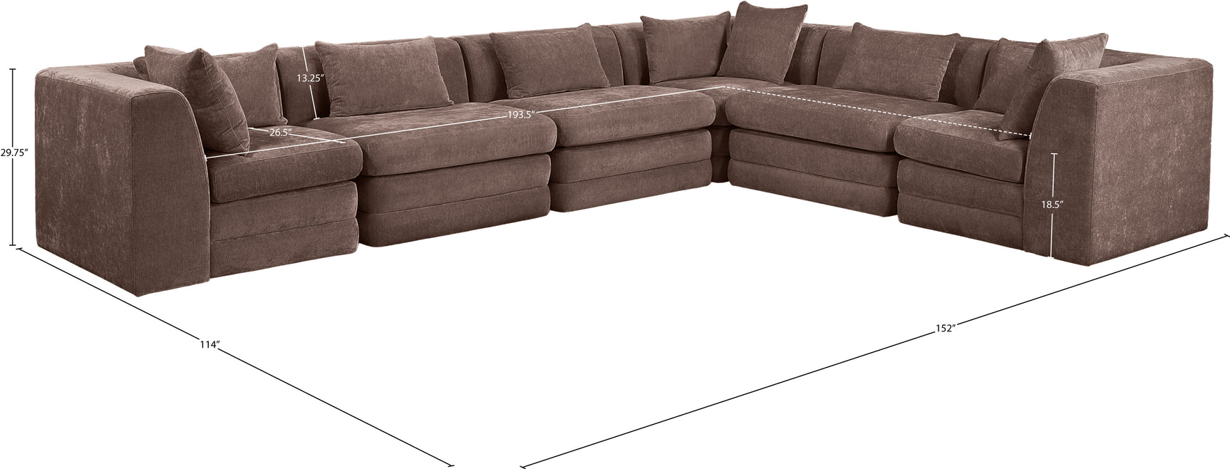 Newport Brown 152" Chenille Fabric Upholstered 6-Piece L Shaped Modular Sectional - Ornate Home