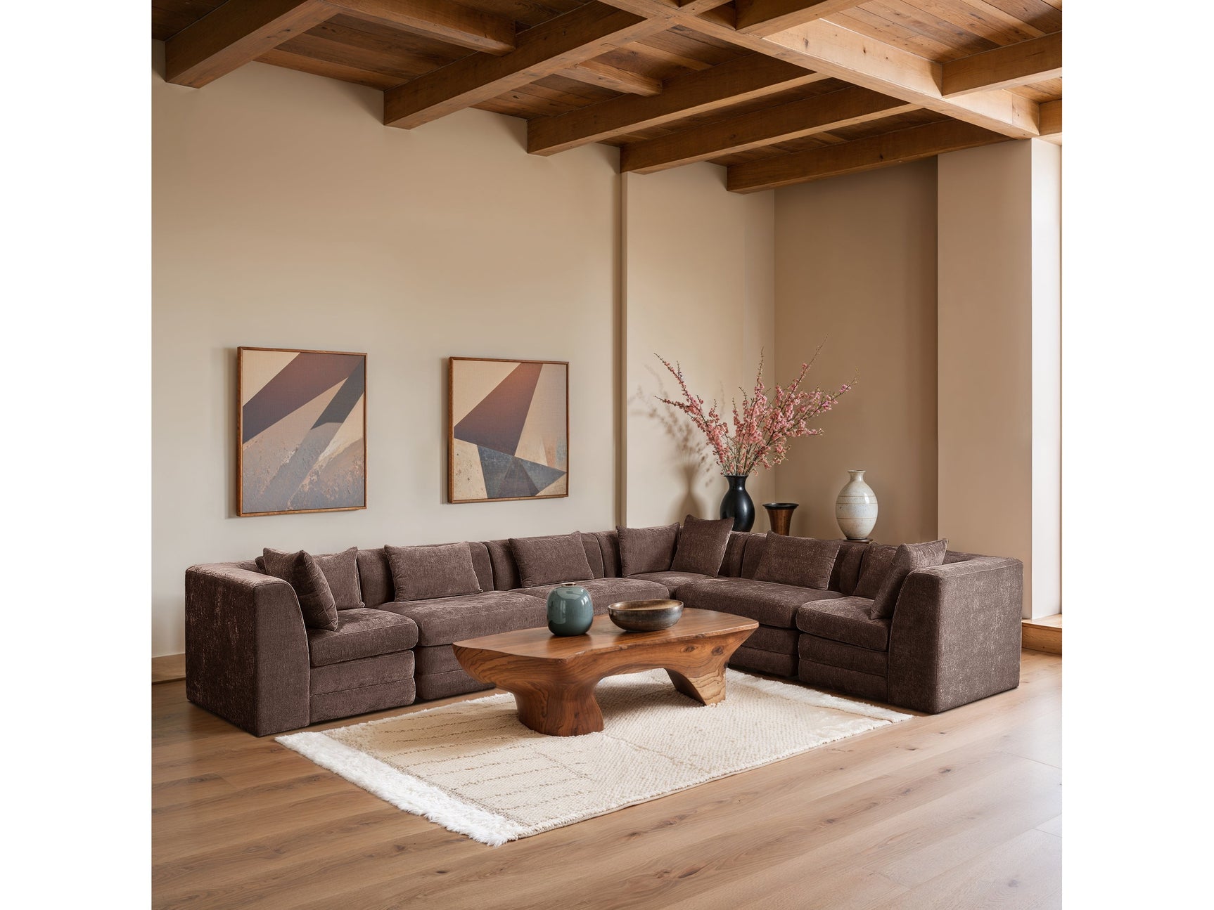 Newport Brown 152" Chenille Fabric Upholstered 6-Piece L Shaped Modular Sectional - Ornate Home