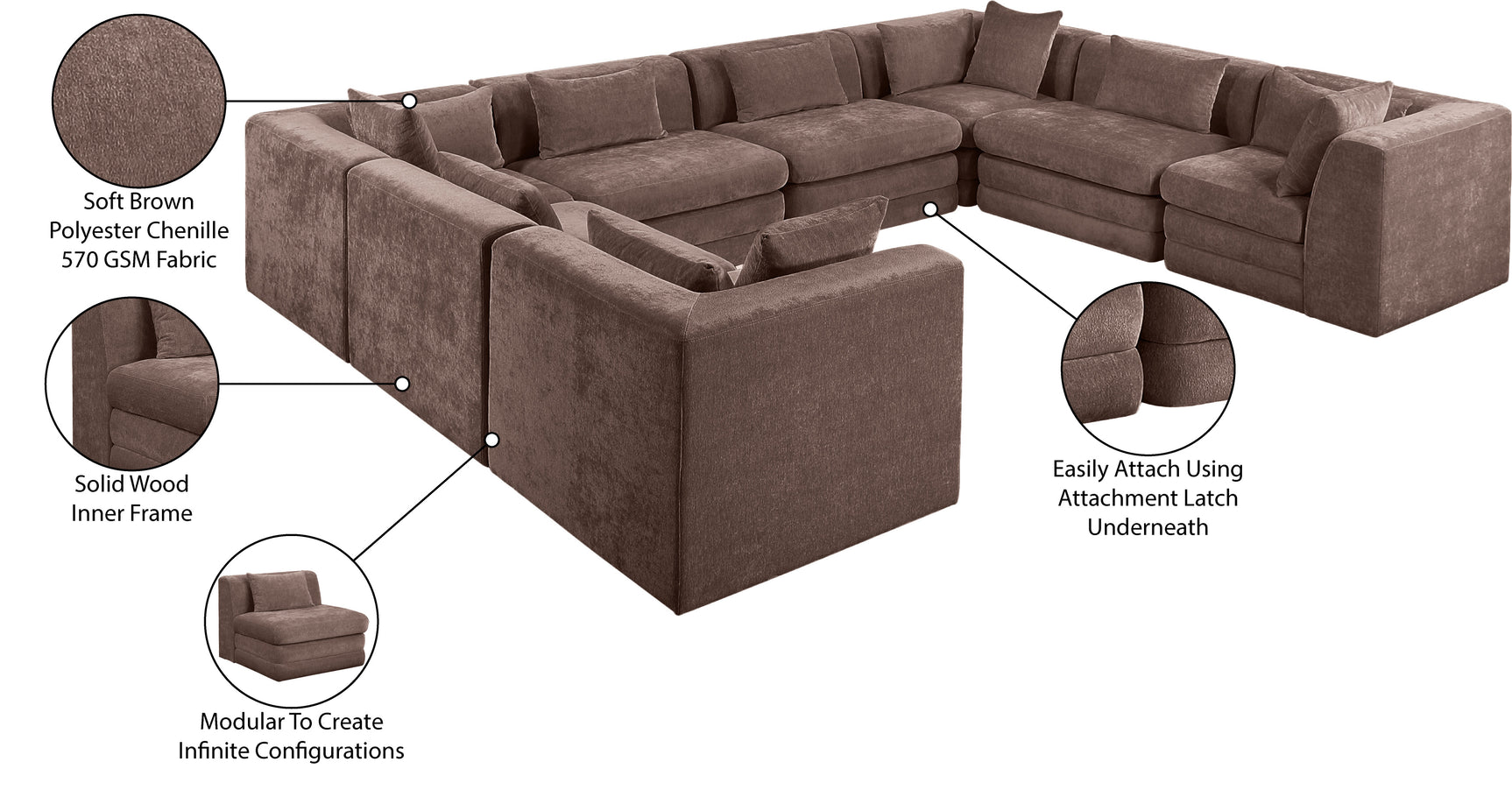 Newport Brown 152" Chenille Fabric Upholstered 8-Piece Modular Sectional - Ornate Home