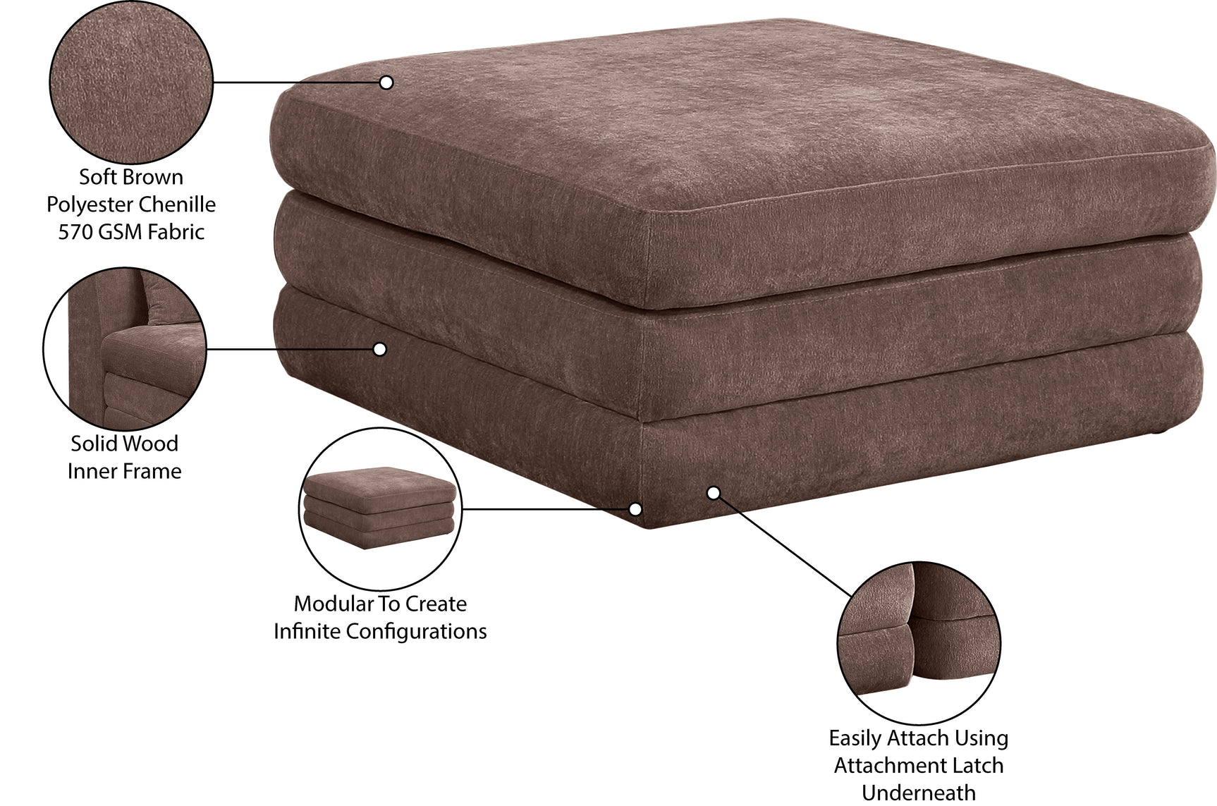 Newport Brown Fabric Upholstered Modular Ottoman - Ornate Home