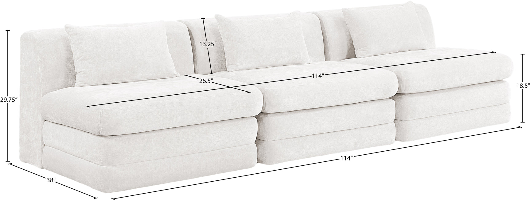 Newport Cream 114" Chenille Fabric Upholstered 3-Piece Armless Modular Sofa - Ornate Home