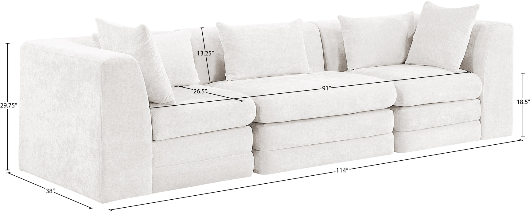 Newport Cream 114" Chenille Fabric Upholstered 3-Piece Modular Sofa - Ornate Home