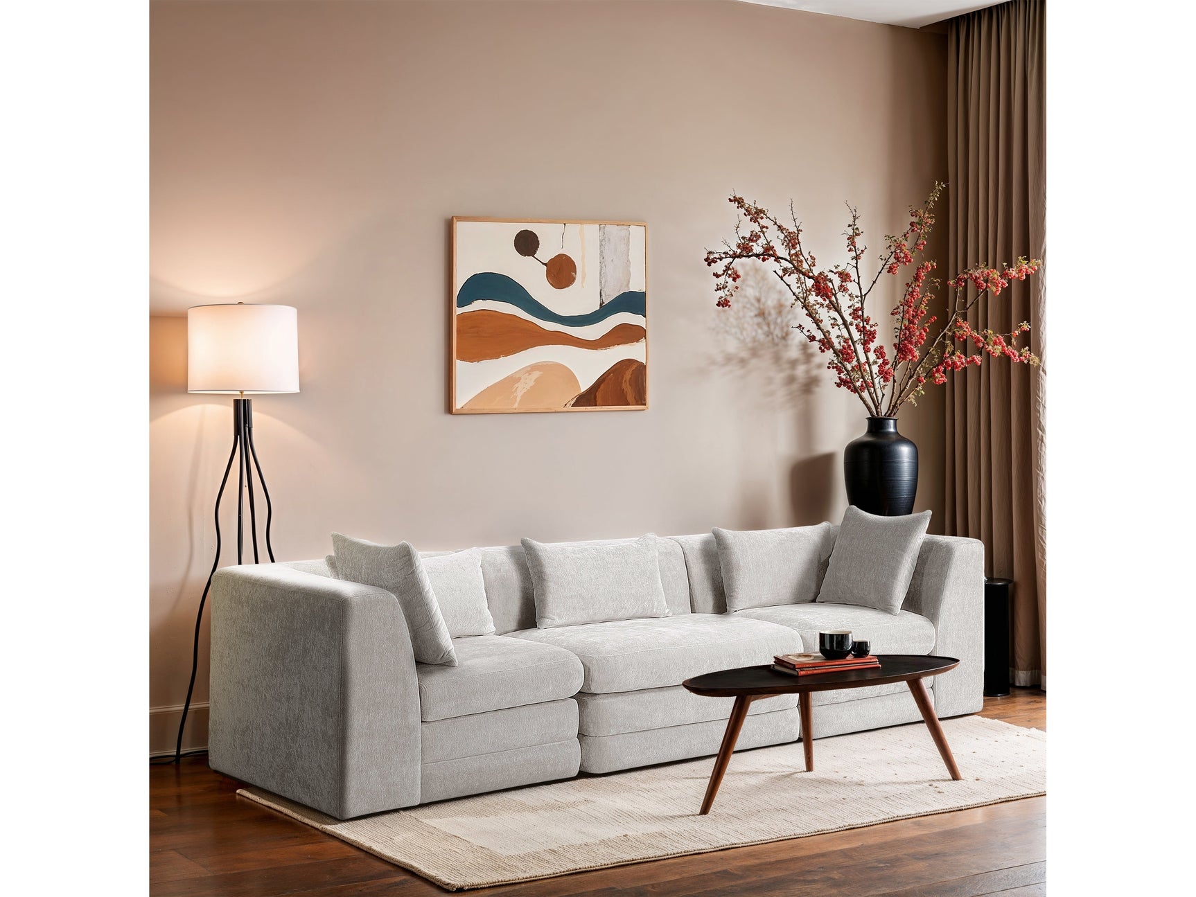 Newport Cream 114" Chenille Fabric Upholstered 3-Piece Modular Sofa - Ornate Home