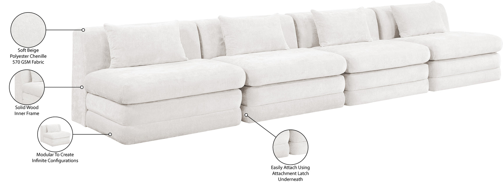Newport Cream 152" Chenille Fabric Upholstered 4-Piece Armless Modular Sofa - Ornate Home